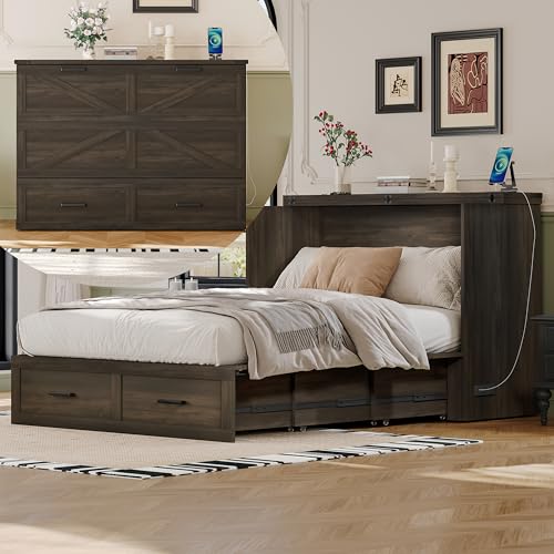 Murphy Cabinet Bed Frame with Charging Station, Full-Size Foldable Wall Bed Z526