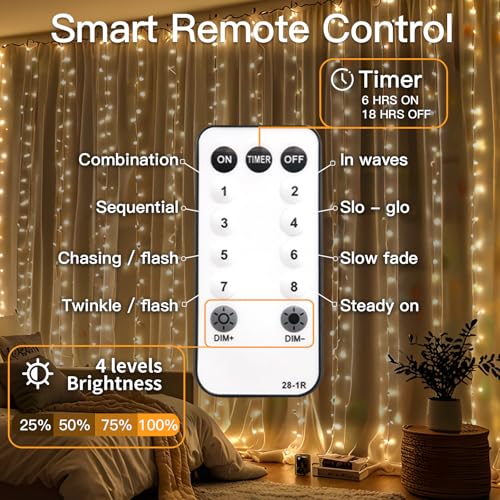 suddus Curtain Lights 300 LED Warm White for Bedroom, Outdoor & Christmas Decor K310