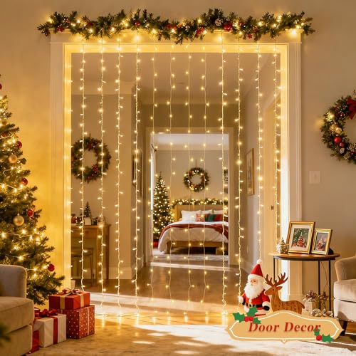 JMEXSUSS 200 LED Christmas Curtain Lights, Warm White, Battery & USB Powered W573