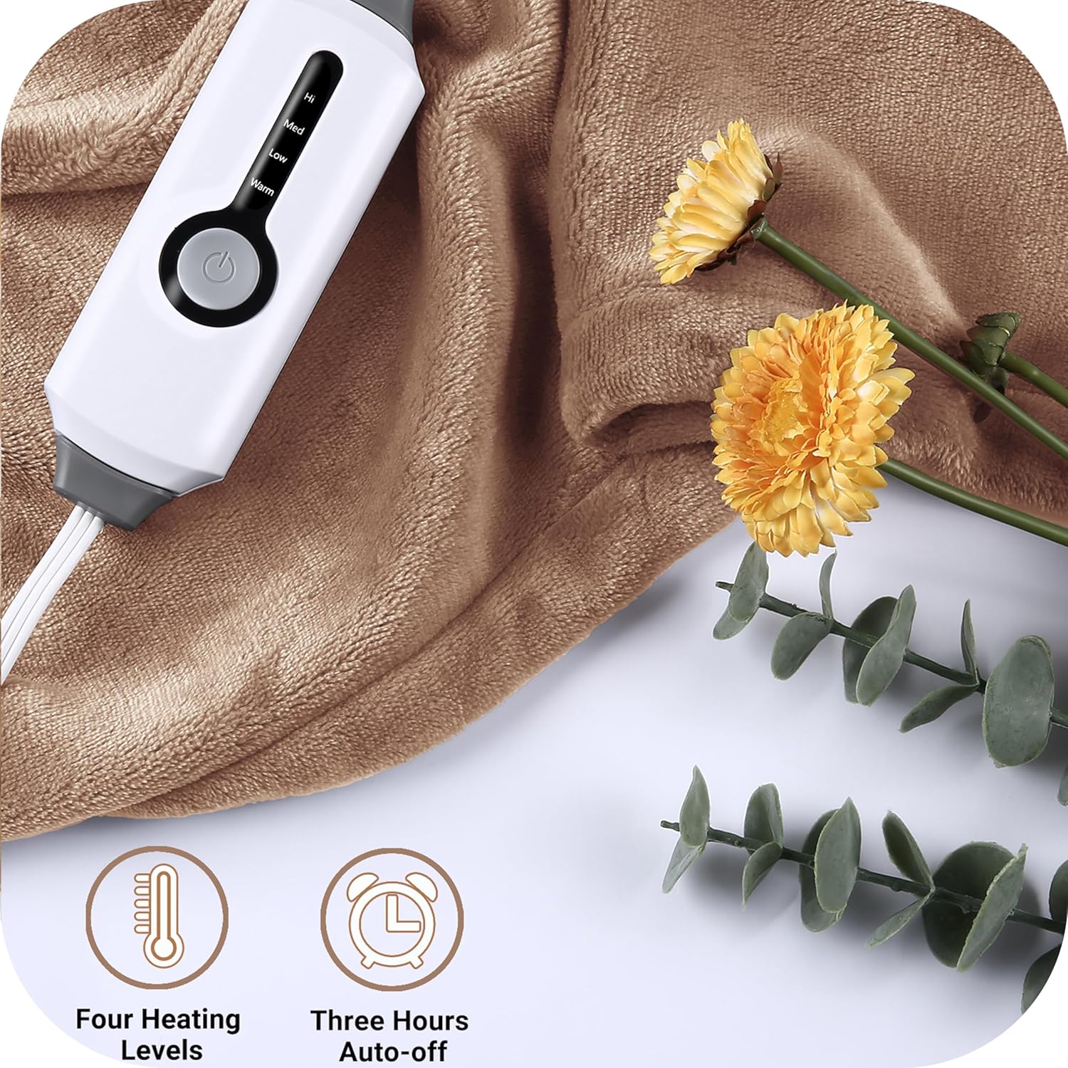 Heated Electric Blanket Full Size Flannel with 4 Heating Levels, Light Brown A285318