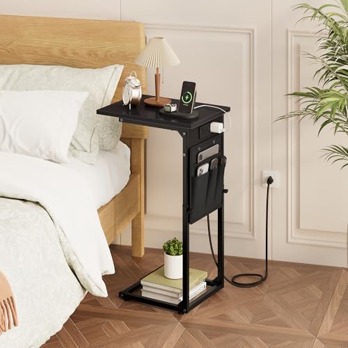Vagusicc C Shaped End Table with Charging Station, Adjustable Height, Brown C747005