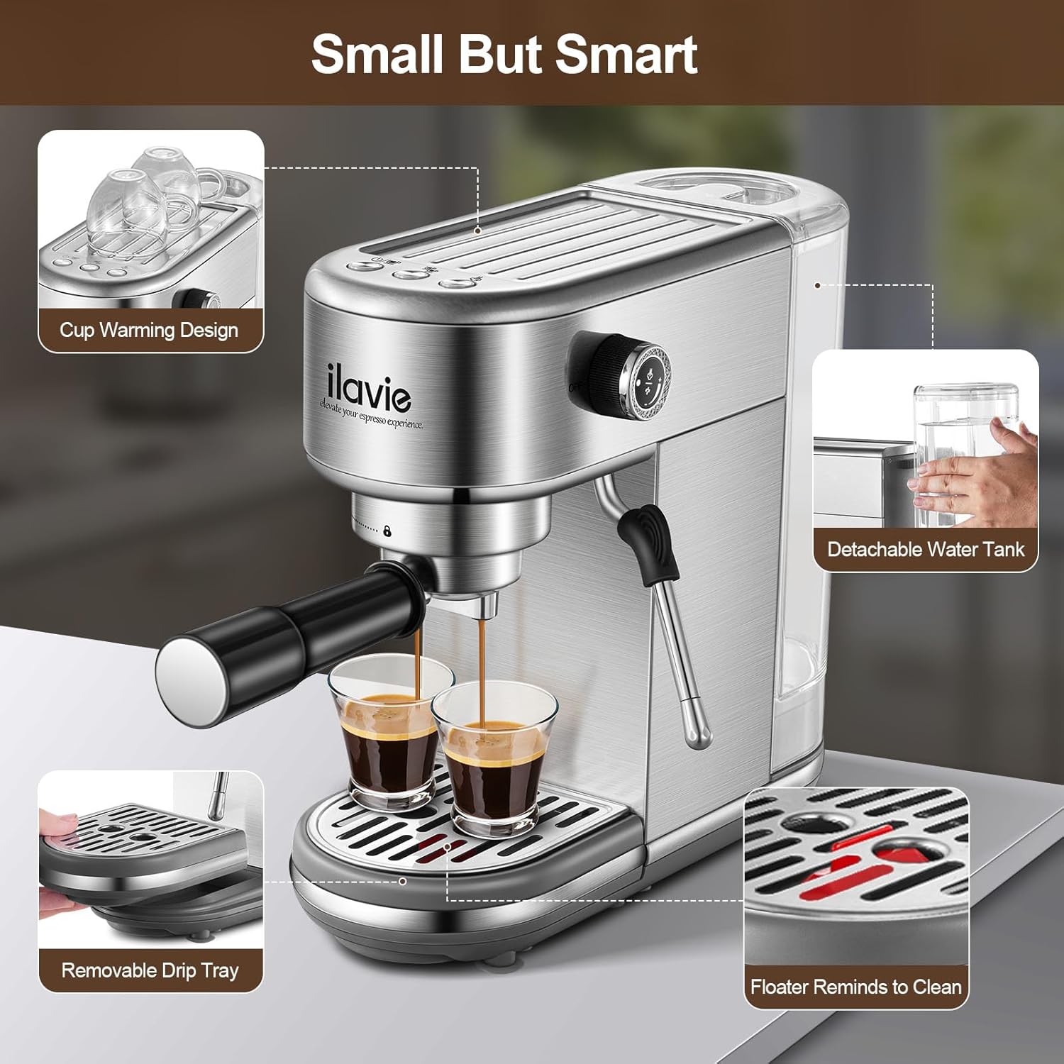 Espresso Coffee Machine 20 Bar, Compact Cappuccino Maker with Detachable Water Tank, Stainless Steel W7658