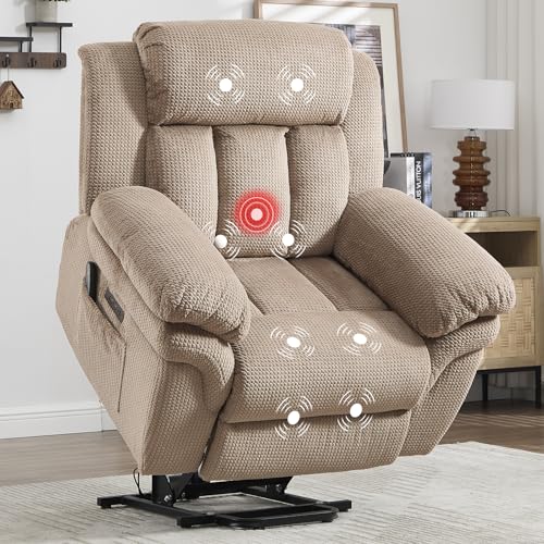 CANMOV 46" Wide Power Lift Recliner Chair for Elderly, with Massage and Heat, Light Brown K346927