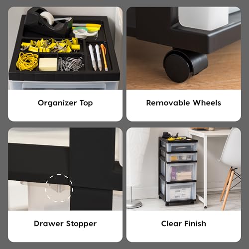 IRIS USA Plastic 10-Drawer Rolling Storage Cart with Wheels, Black/Clear T4065