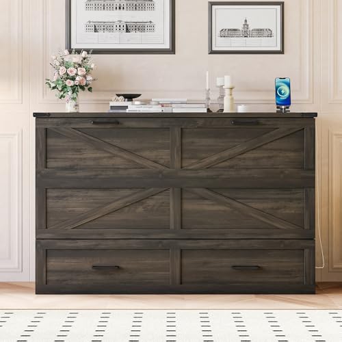 Murphy Cabinet Bed Frame with Charging Station, Full-Size Foldable Wall Bed Z526