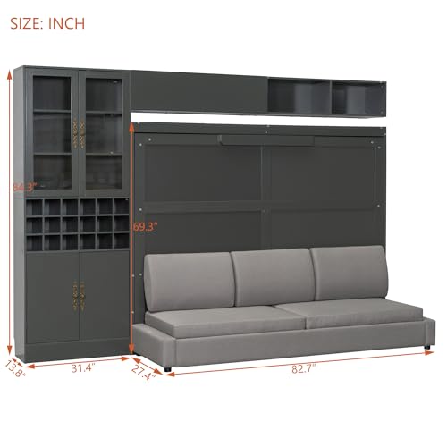 MERITLINE Queen Murphy Bed with Couch and Storage Shelves, LED Light, White J578