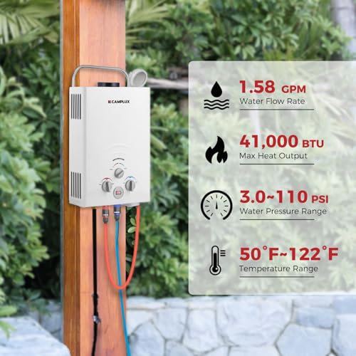 CAMPLUX 2.64 GPM Propane Portable Gas Water Heater, 68,000 BTU, White Y83276