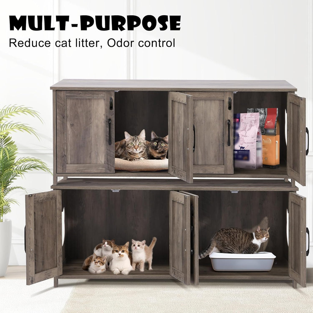 TITIMO Cat Litter Box Enclosure for 2 Cats with Lockable Door, Wooden, Greige A67654