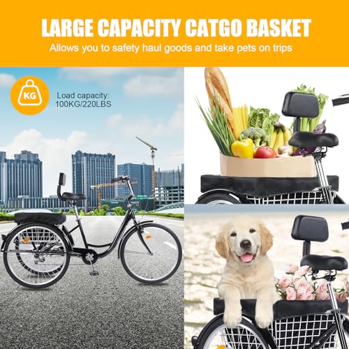 Adult Tricycle 26 Inch 7 Speed 3 Wheel Bike with Basket for Seniors K5388