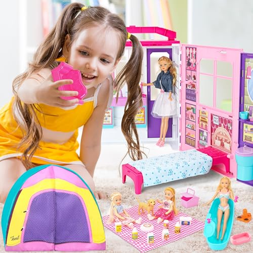 Portable Foldable Dollhouse with 60+ Pcs & 2 Dolls, Play House Toy for Girls Z270078