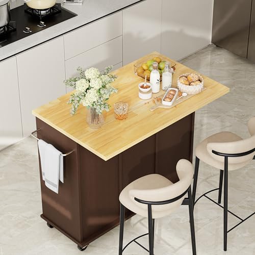 Shintenchi Kitchen Island with Drop Leaf, Rolling Cart with Storage, White T972