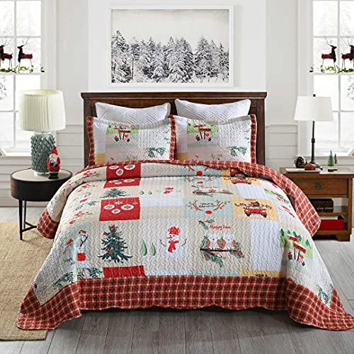 MarCielo Christmas Quilt Set Bedspread Set B022, White, Queen