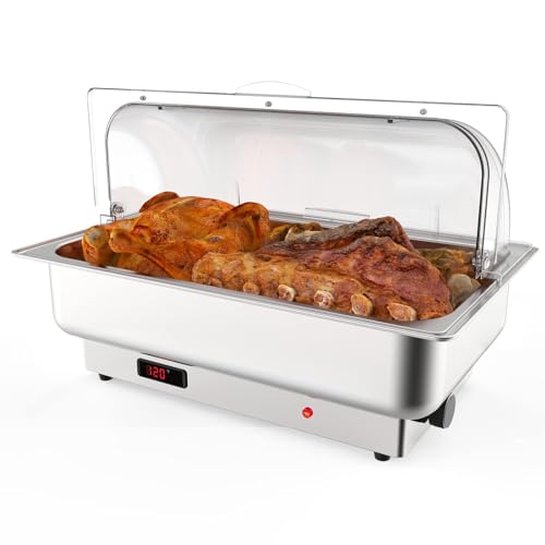 9QT Electric Chafing Dish Set for Buffet with Temperature Control, Roll Top Stainless Steel Buffet Servers and Warmers with Transparent Lid for Catering and Parties