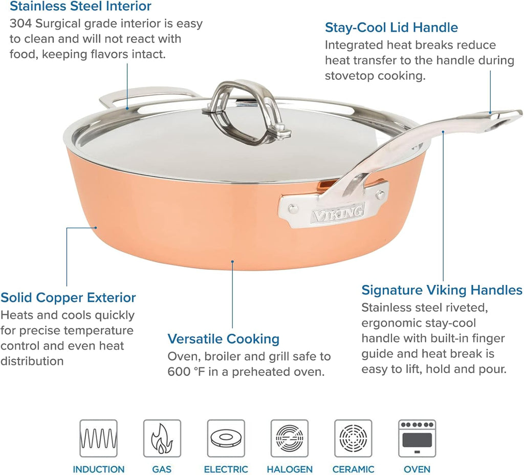 Viking Culinary 4-Ply Copper Clad Cookware Set, 9 Piece, Oven Safe B51011