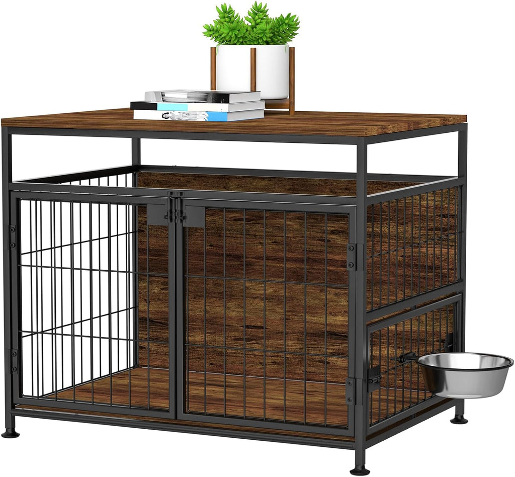 Dog Crate Furniture with Wheels, 31" Heavy Duty Wooden Side End Table, Indoor Dog Kennel Furniture for Small/Medium Dog, Double Doors & 360 Degree Rotating Stainless Bowl 31" Lx21.6 Wx27.5 H