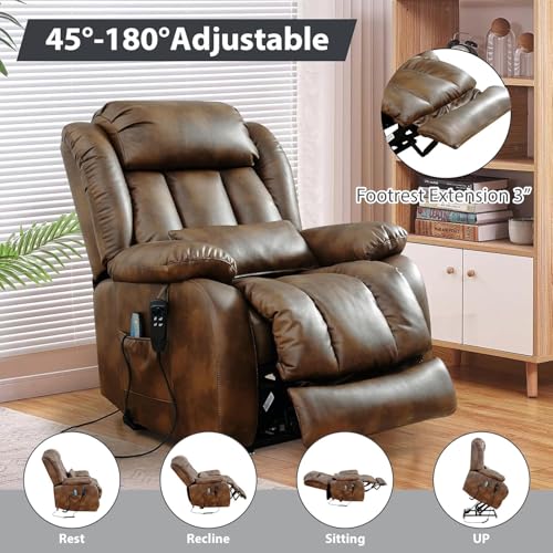 EDILLY Genuine Leather Power Lift Recliner Chair with Massage and Heating, Brown C901