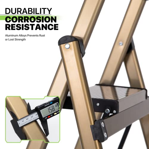 Magshion Aluminum 3-Step Ladder Folding Step Stool with Padded Grip, 331lbs Capacity, Gold P886800
