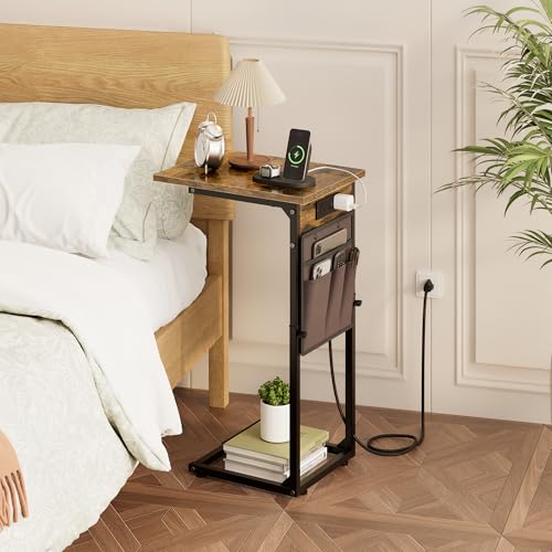 Vagusicc C Shaped End Table with Charging Station, Adjustable Height, Brown C747005