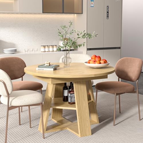 Extendable Round Dining Table for 4-8 with Removable Leaves, Wood Base, Walnut V742