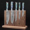 SENKEN 5-Piece Damascus Steel Kitchen Knife Set with Black Walnut Magnetic Knife Block, 67-Layer Japanese VG10 Steel, Real Deep-Sea Abalone Shell Handle, Chef's Knife, Santoku, Paring, Fillet, Utility