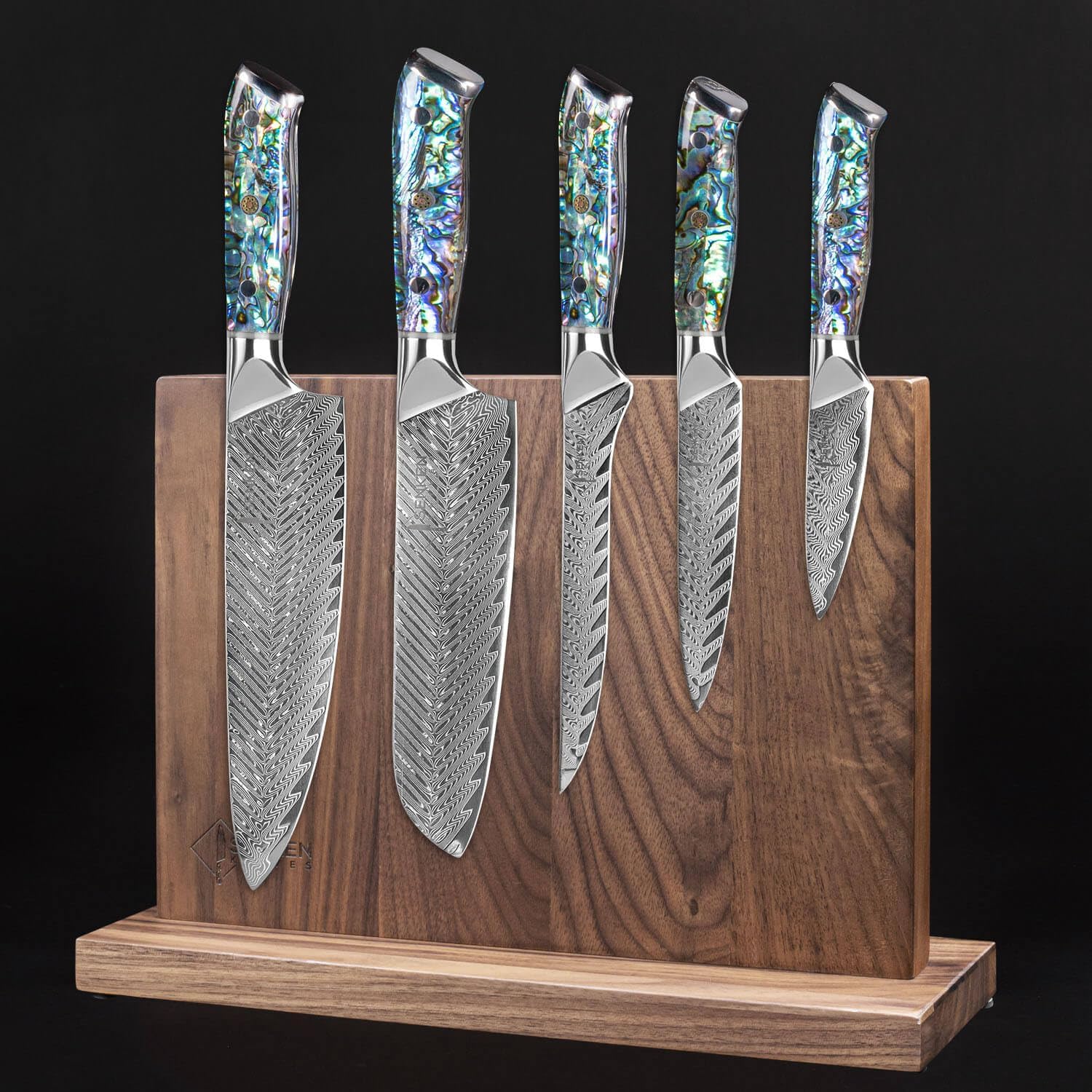 SENKEN 5-Piece Damascus Steel Kitchen Knife Set with Black Walnut Magnetic Knife Block, 67-Layer Japanese VG10 Steel, Real Deep-Sea Abalone Shell Handle, Chef's Knife, Santoku, Paring, Fillet, Utility
