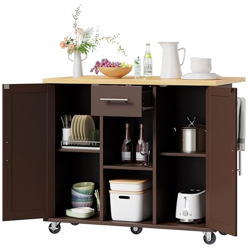 Shintenchi Kitchen Island with Drop Leaf, Rolling Cart with Storage, White T972