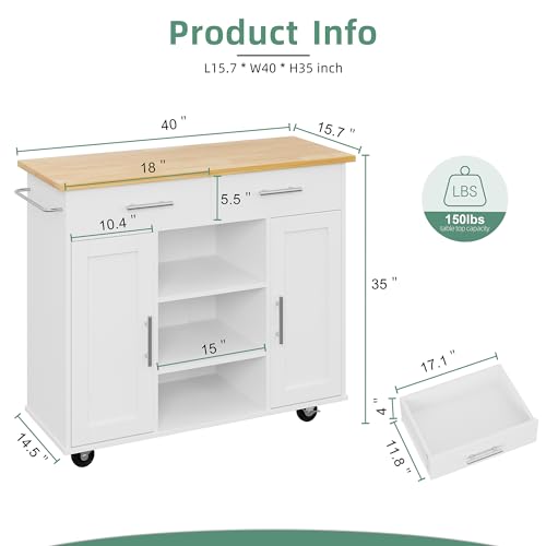 Shintenchi Kitchen Island with Drop Leaf, Rolling Cart with Storage, White T972