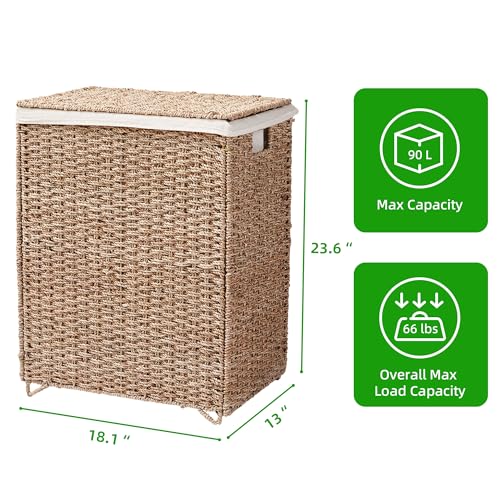 PrimeZone 90L Laundry Hamper with Lid, Foldable Natural Seagrass Basket with Removable Liner P139719