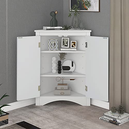 Corner Storage Cabinet, Wood Triangle Bathroom Cabinet with Adjustable Shelves, Freestanding Floor Cabinet with 2 Doors for Home Kitchen Bathroom (Grey + MDF)