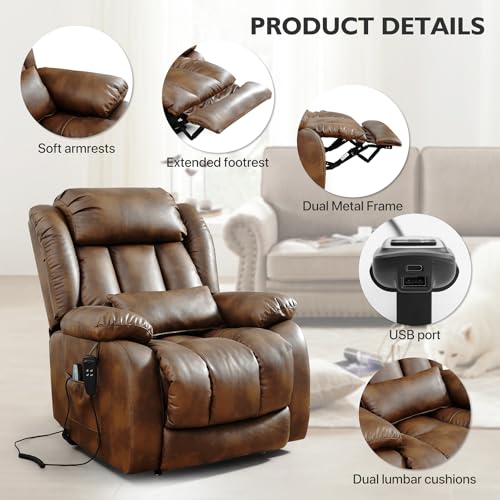 EDILLY Genuine Leather Power Lift Recliner Chair with Massage and Heating, Brown C901