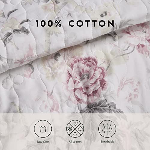 Laura Ashley King Quilt Set, Reversible Cotton Bedding with Shams, Floral Pink/Grey C4868
