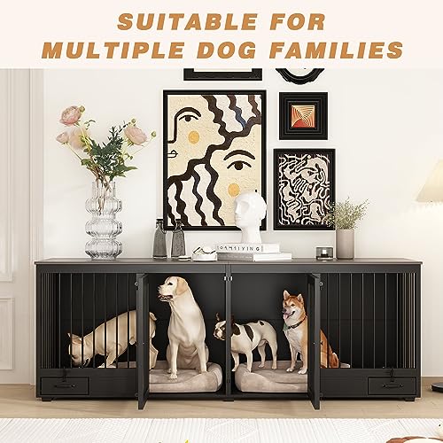 Large Wooden Dog Crate for 2 Dogs with Bowl Drawers, White F986