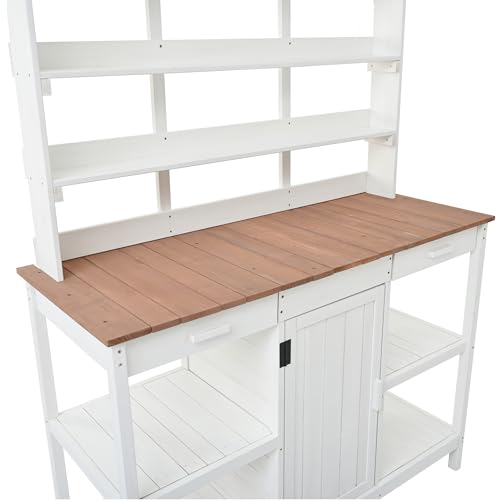 Outdoor Wooden Potting Bench Table with Drawers and Storage Shelves C672480