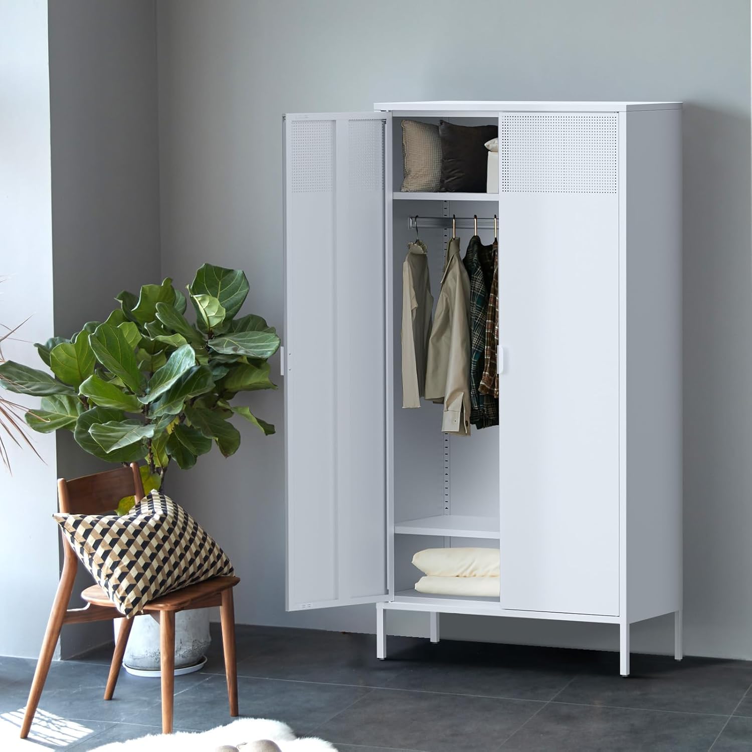 Steel Wardrobe - Metal Storage Cabinet with Adjustable Shelf & Removable Hanging Rods - Metal Organiser with Breathable mesh for bedrooms, bathrooms and Offices