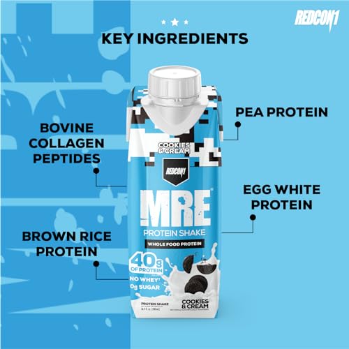 REDCON1 MRE Ready to Drink Protein Shakes, Cookies & Cream - Lactose + Whey Free RTD, 12 Pack Y377913
