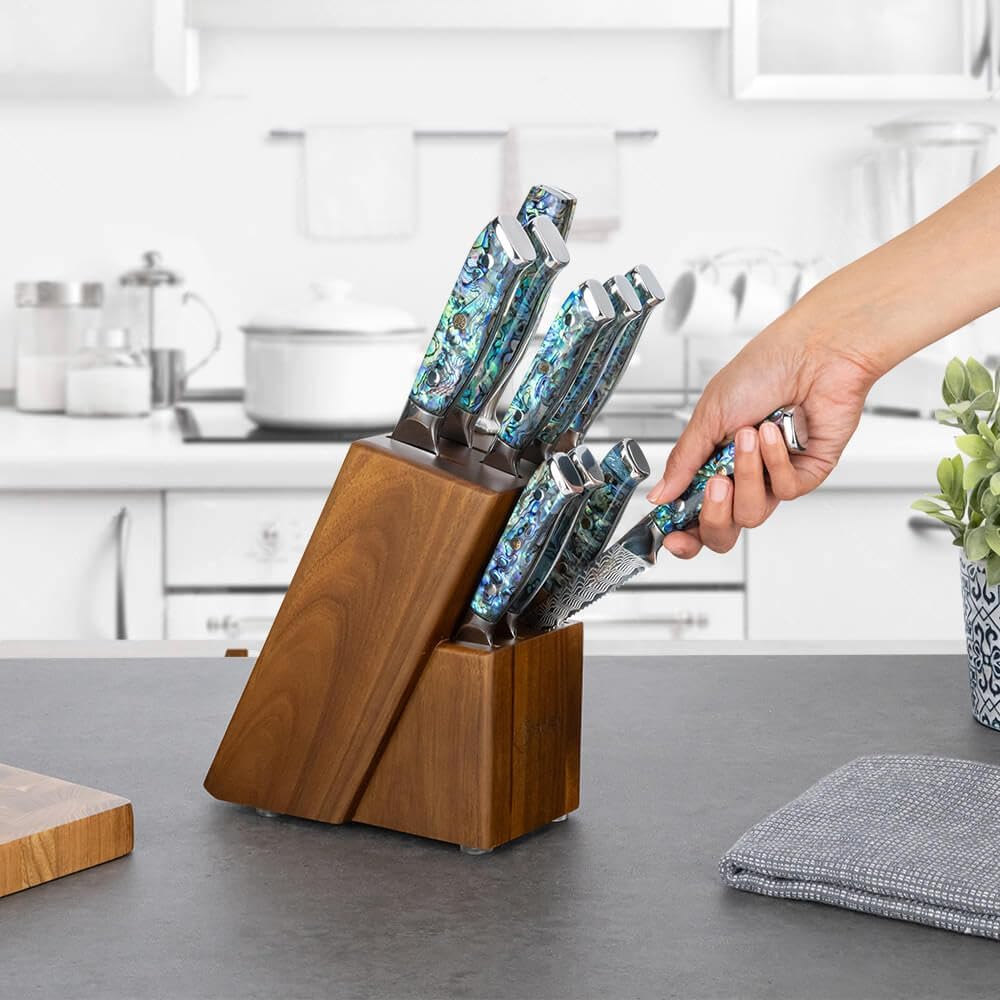 SENKEN 11-Piece Damascus Knife Block Set with Abalone Shell Handle, Japanese VG10 Steel T372