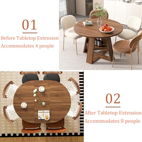 Extendable Round Dining Table for 4-8 with Removable Leaves, Wood Base, Walnut V742