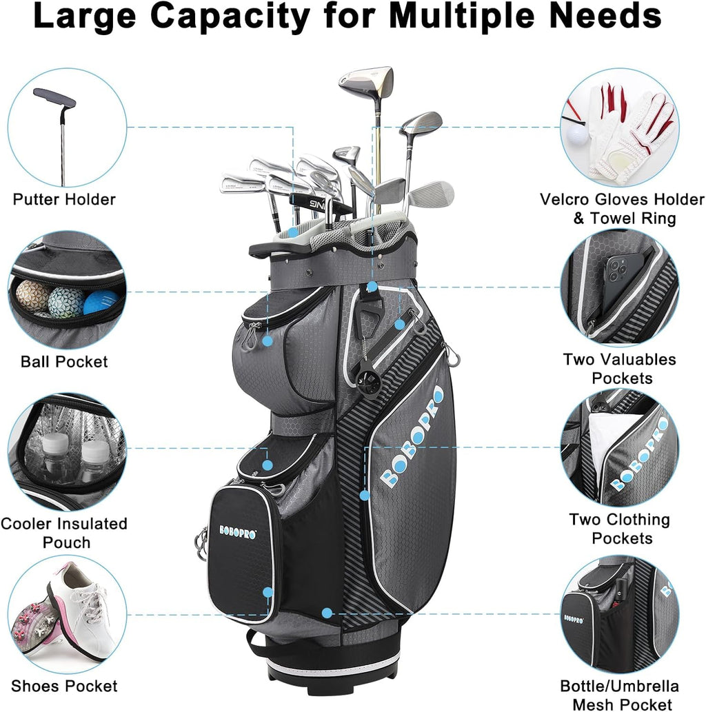 Golf Cart Bag with 14 Way Divider Top, 8 Pockets, Detachable Strap R8014
