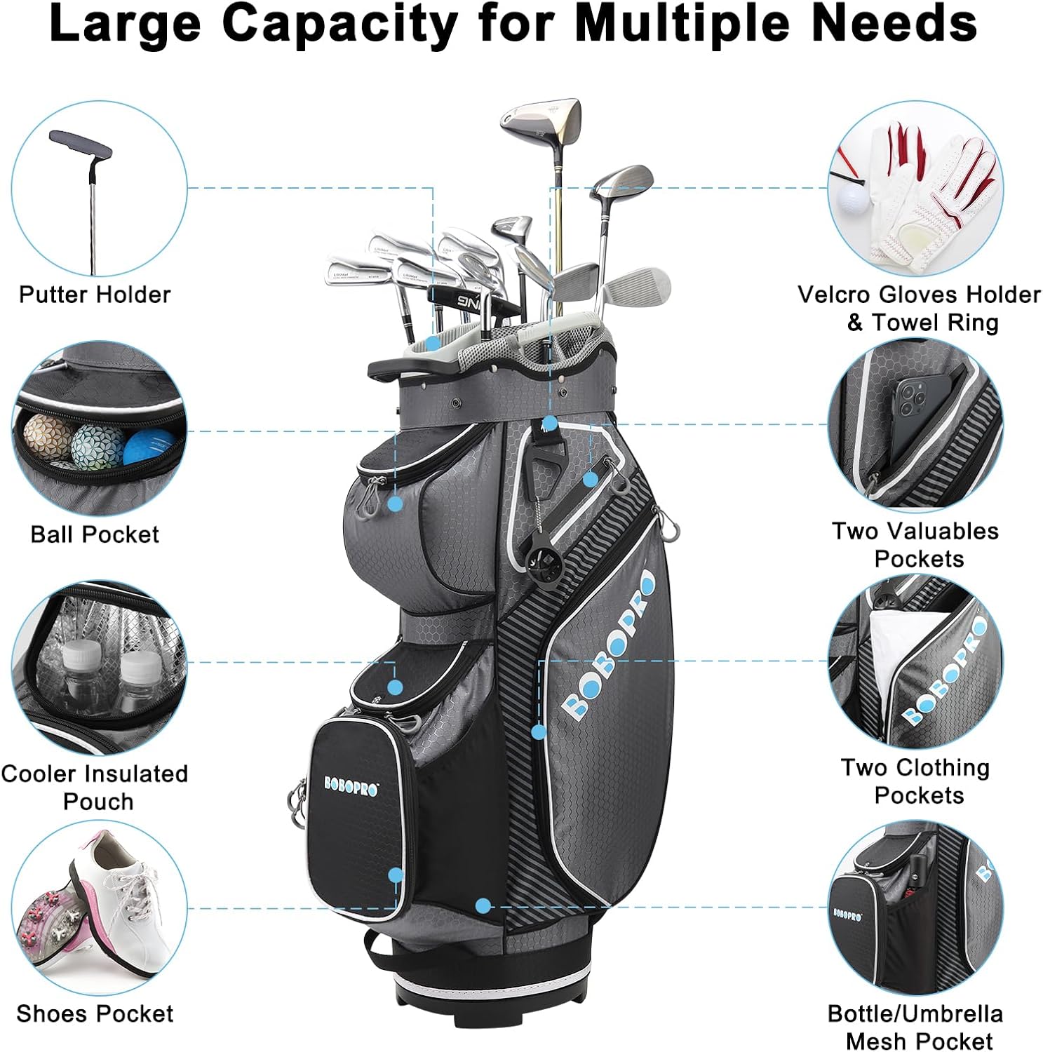 Golf Cart Bag with 14 Way Divider Top, 8 Pockets, Detachable Strap R8014