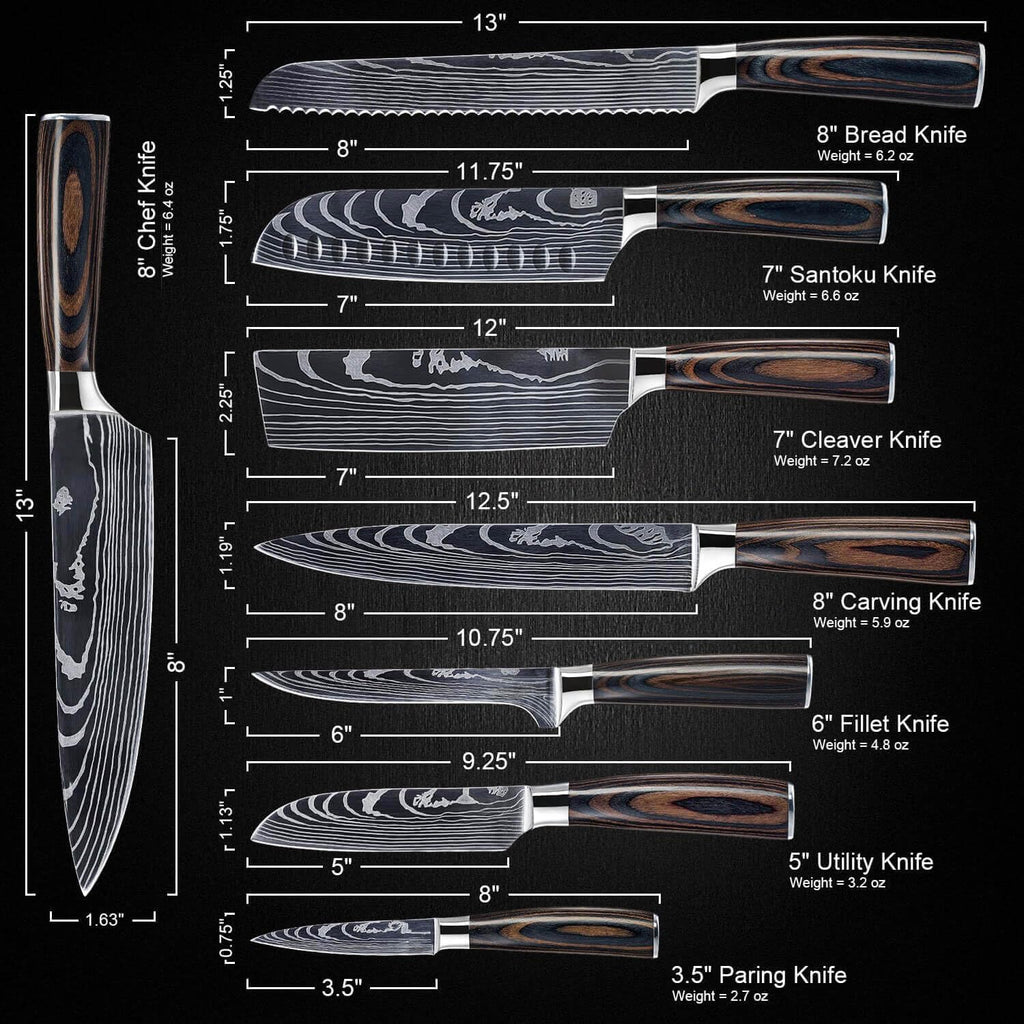 SENKEN 8-Piece Japanese Kitchen Knife Set with Damascus Pattern L817050
