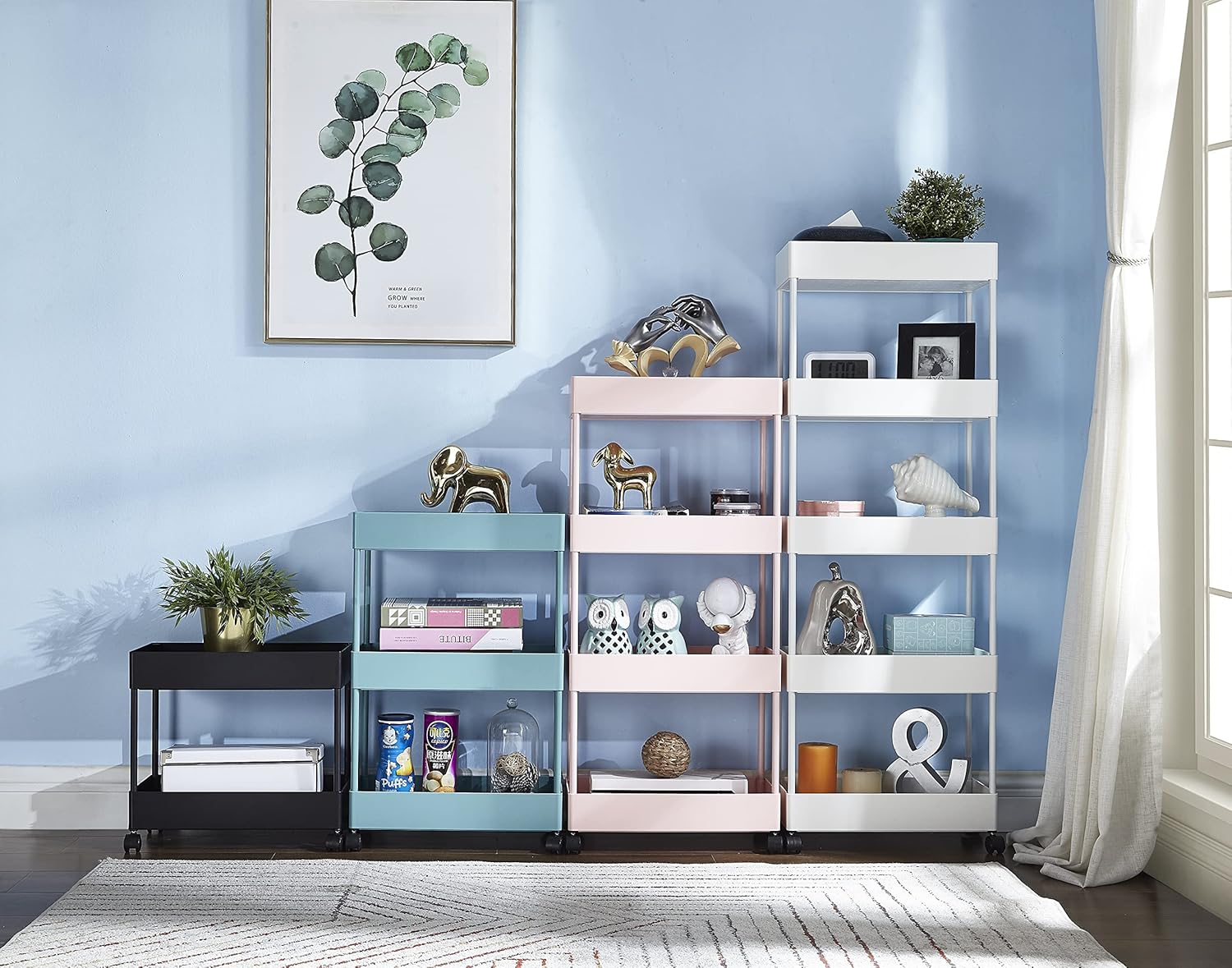 4-Tier Plastic Rolling Storage Cart with Slim Shelves, Blue N270