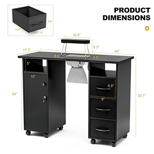 Paddie Manicure Table Nail Desk with Dust Collector, Black X649560