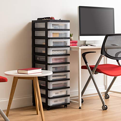 IRIS USA Plastic 10-Drawer Rolling Storage Cart with Wheels, Black/Clear T4065