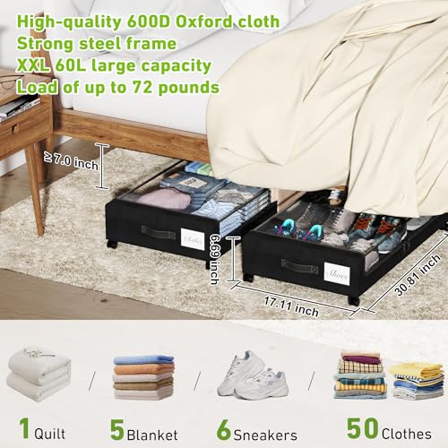 Under Bed Storage with Wheels, 2-Pack Rolling Metal Drawer, Black D42977