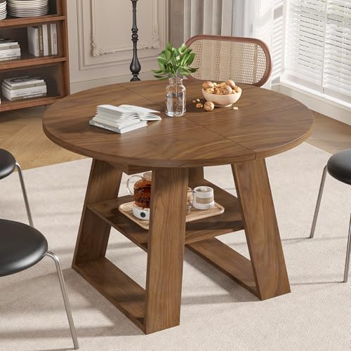 Extendable Round Dining Table for 4-8 with Removable Leaves, Wood Base, Walnut V742