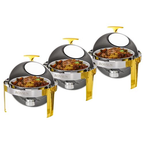 ROVSUN 3 Packs Roll Top Chafing Dish Buffet Set Gold Accent,6 Quart Round Stainless Steel Chafer, Buffet Servers and Warmers Set Warming Tray with Glass Window for Wedding, Parties, Banquet, Events