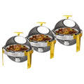 ROVSUN 3 Packs Roll Top Chafing Dish Buffet Set Gold Accent,6 Quart Round Stainless Steel Chafer, Buffet Servers and Warmers Set Warming Tray with Glass Window for Wedding, Parties, Banquet, Events