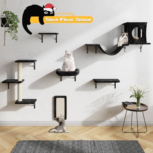 NUNU LAB Wall Mounted Cat Furniture, 7 Pcs Cat Wall Shelves with House, Gray T582052