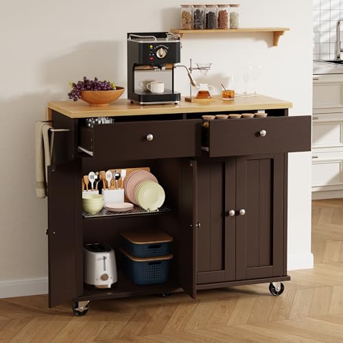 Shintenchi Kitchen Island with Drop Leaf, Rolling Cart with Storage, White T972