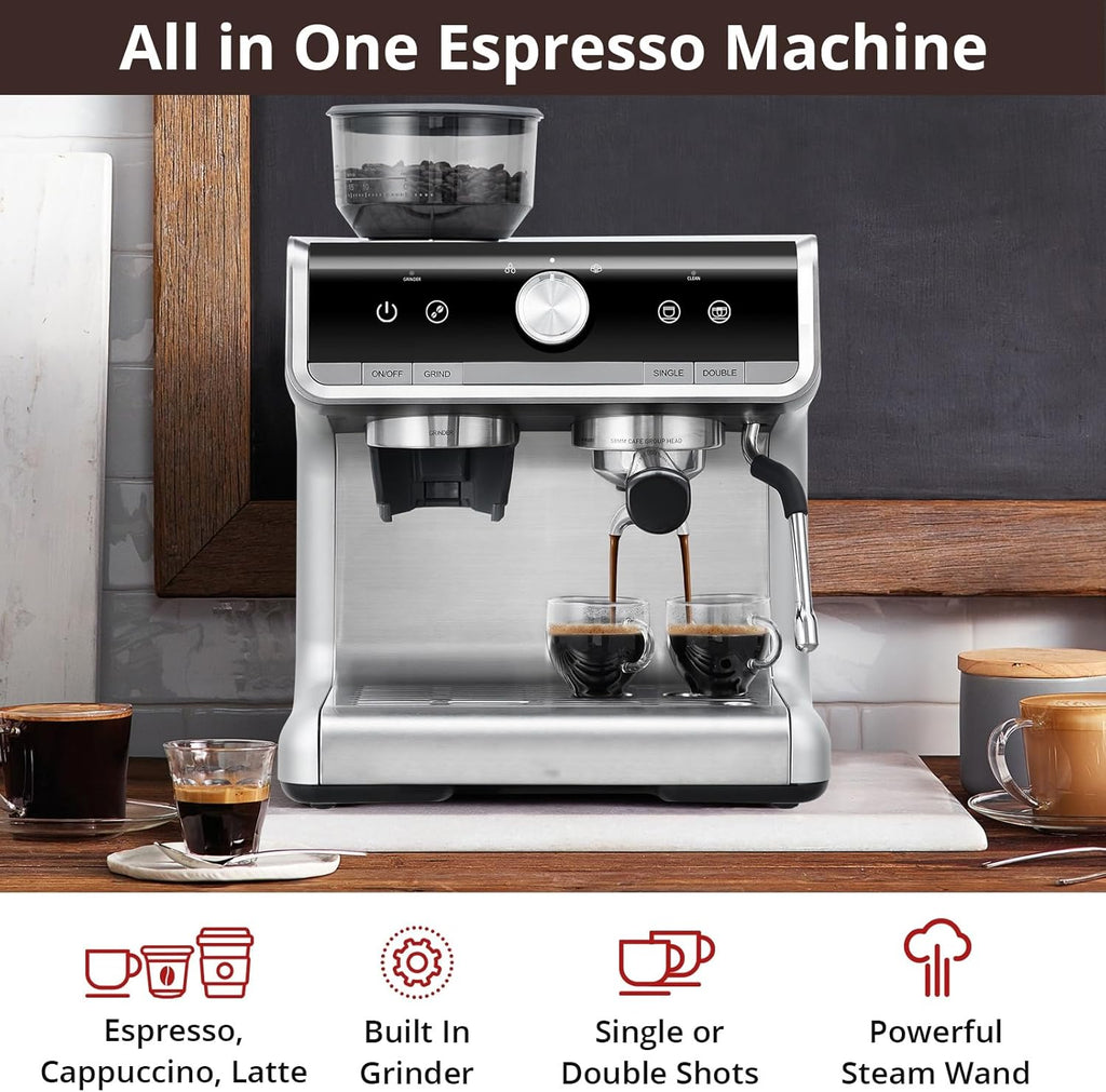Espresso Machine with 20 Bar, Brushed Stainless Steel, Milk Frother Steam Wand M922965